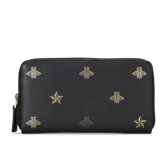 Gucci Black Leather Large Long Wallet Zip Around Gold Oro Bee Star Italy NEW - Picture 13 of 16